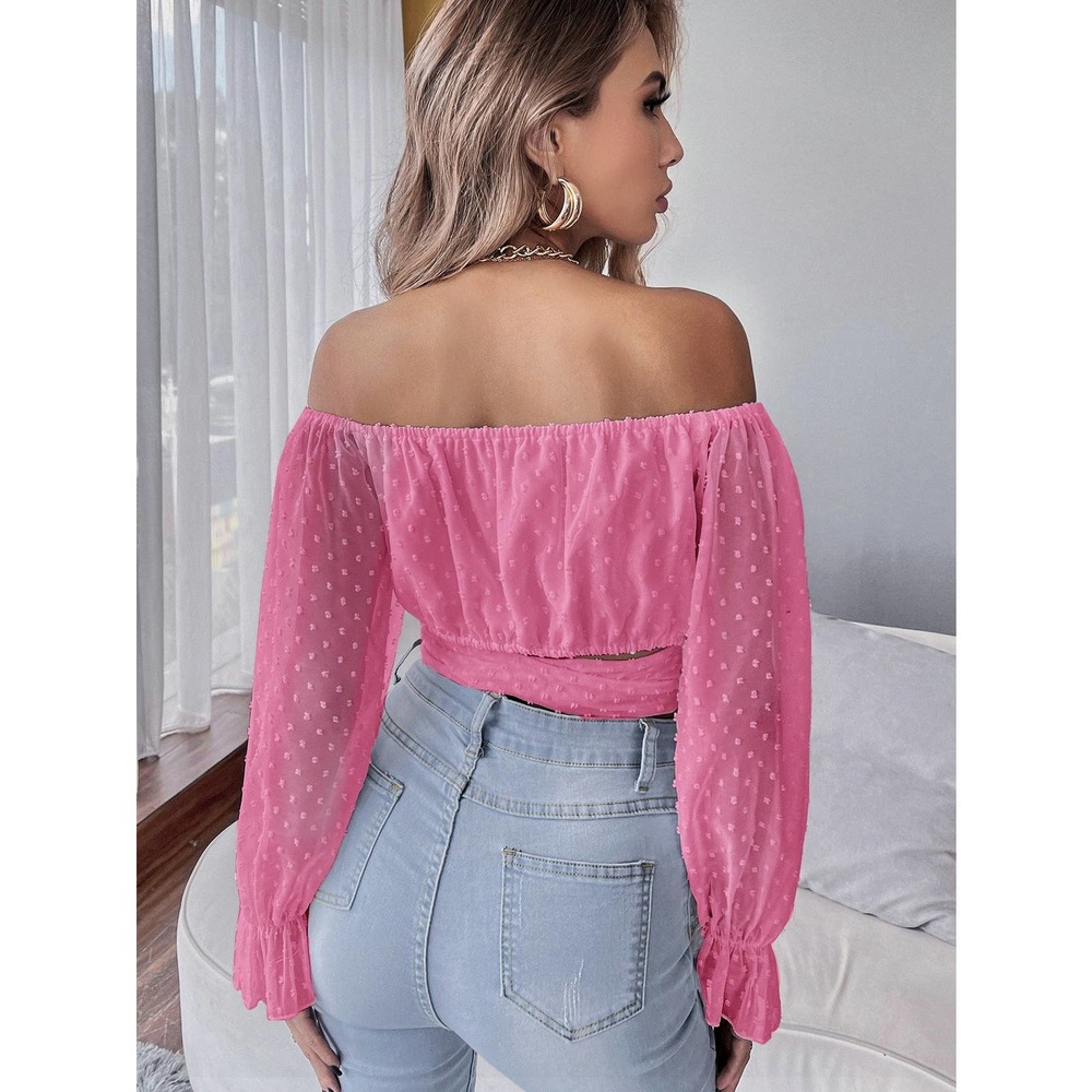 Swiss Dot Tie Front Crop Top long sleeve blouse boho white - Picture 4 of 11